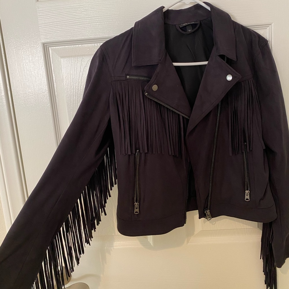 TopShop navy fringe suede jacket